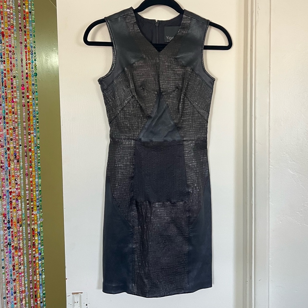 Yigal Azrouel Black Lamb Leather Textured Dress